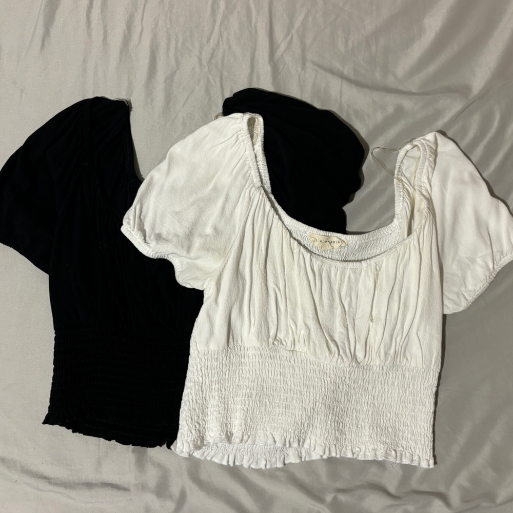 La Hearts White and Black Puff Sleeve Smocked Crop Top (2 SHIRTS)